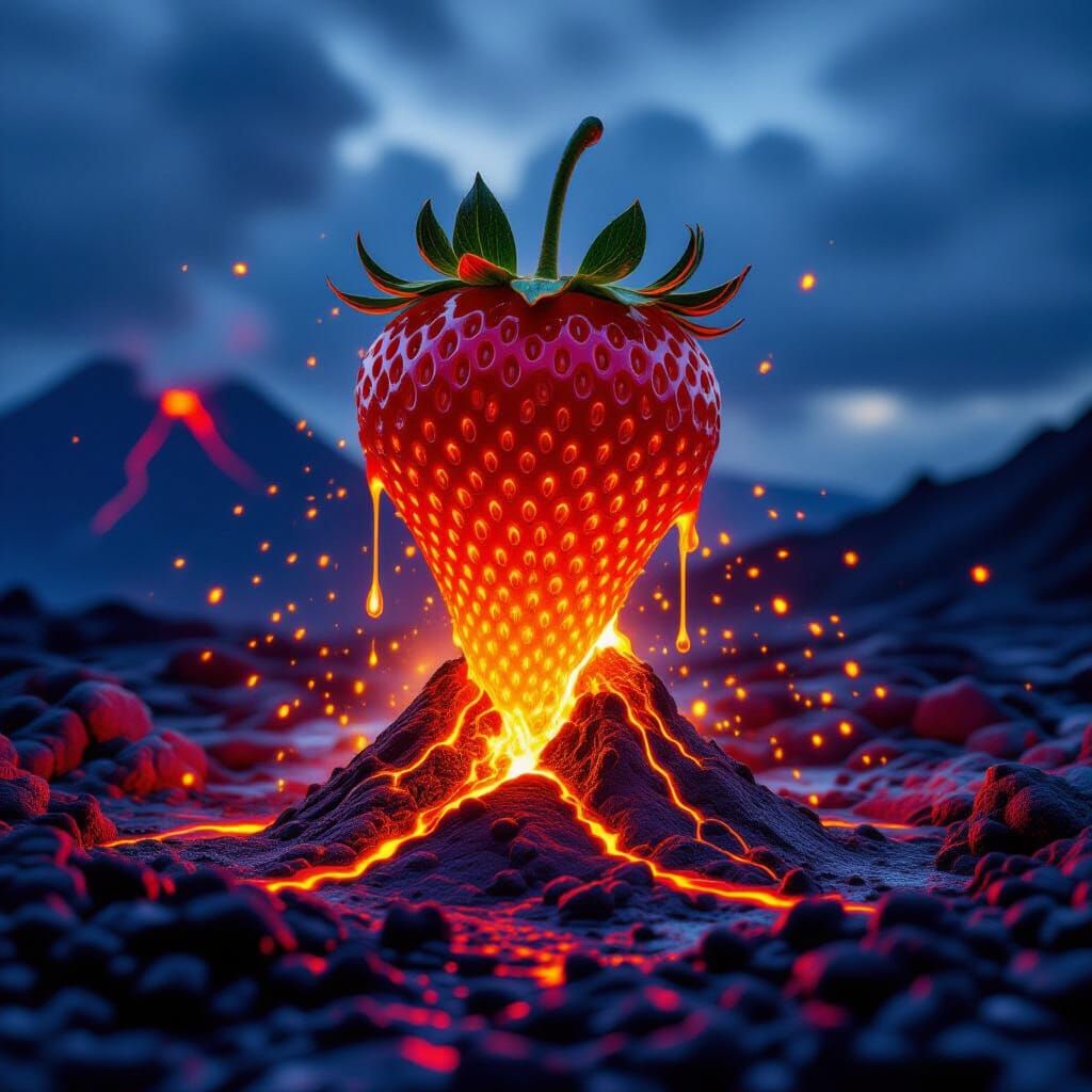 Radiant Lava Strawberry Sculpture Erupting from Volcano