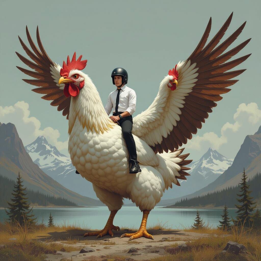 Young Man Rides Giant Two-Headed Chicken