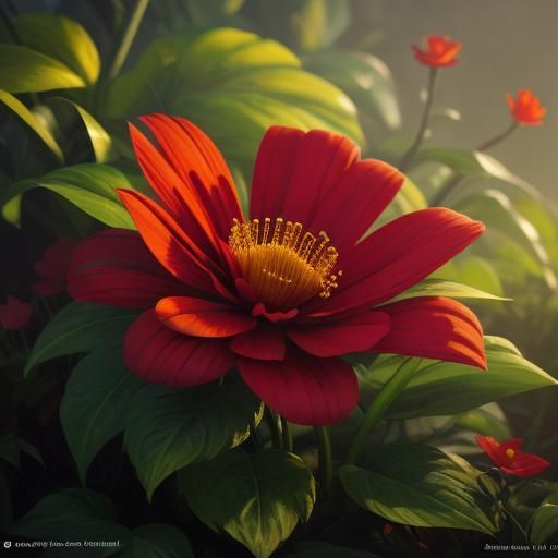 Red Flower in Sun-Drenched Garden: Fantasy Oil Painting