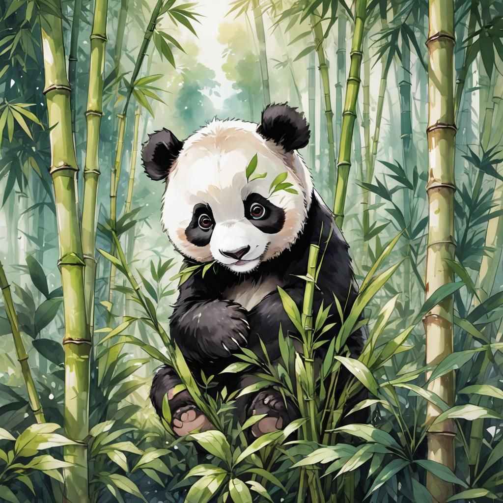 Anime-Style Panda Munching Bamboo in Lush Setting