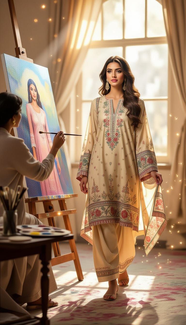 Artist Paints Model in Realistic Studio Scene