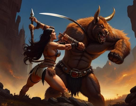 Barbarian Woman's Epic Battle, Fantasy Art Style