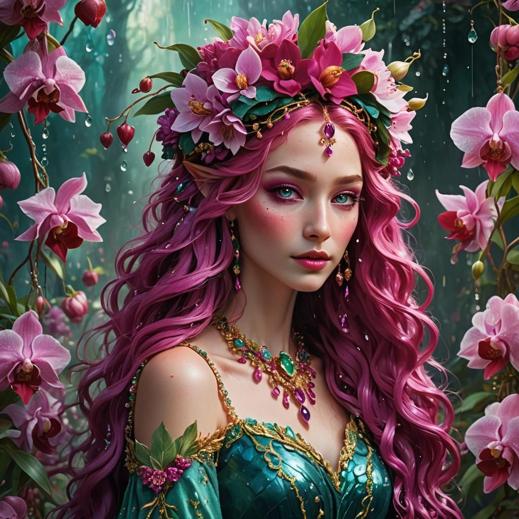 Elven Girl with Fuchsia Hair and Floral Crown