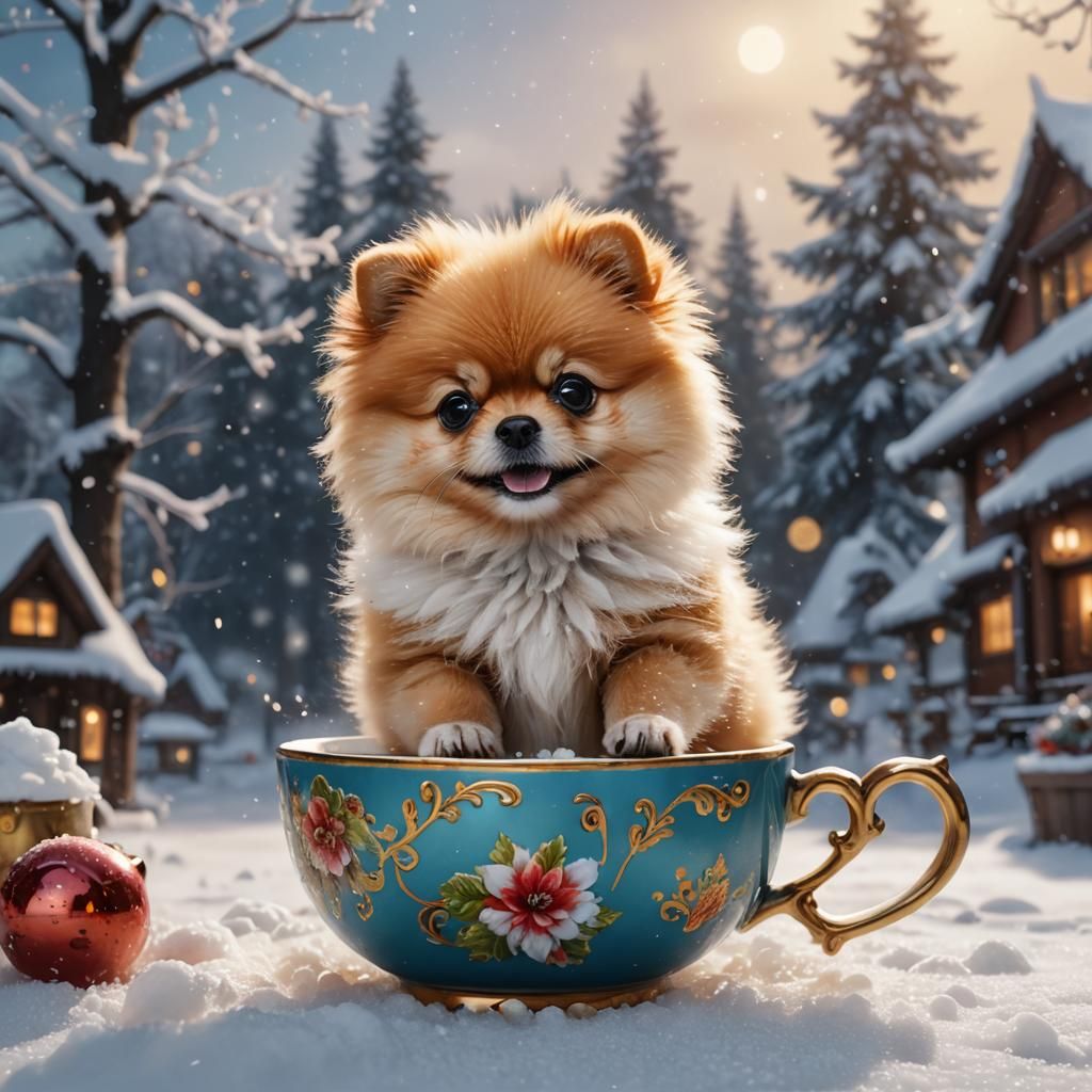 Happy Pomeranian Puppy in Teacup, Detailed Digital Painting