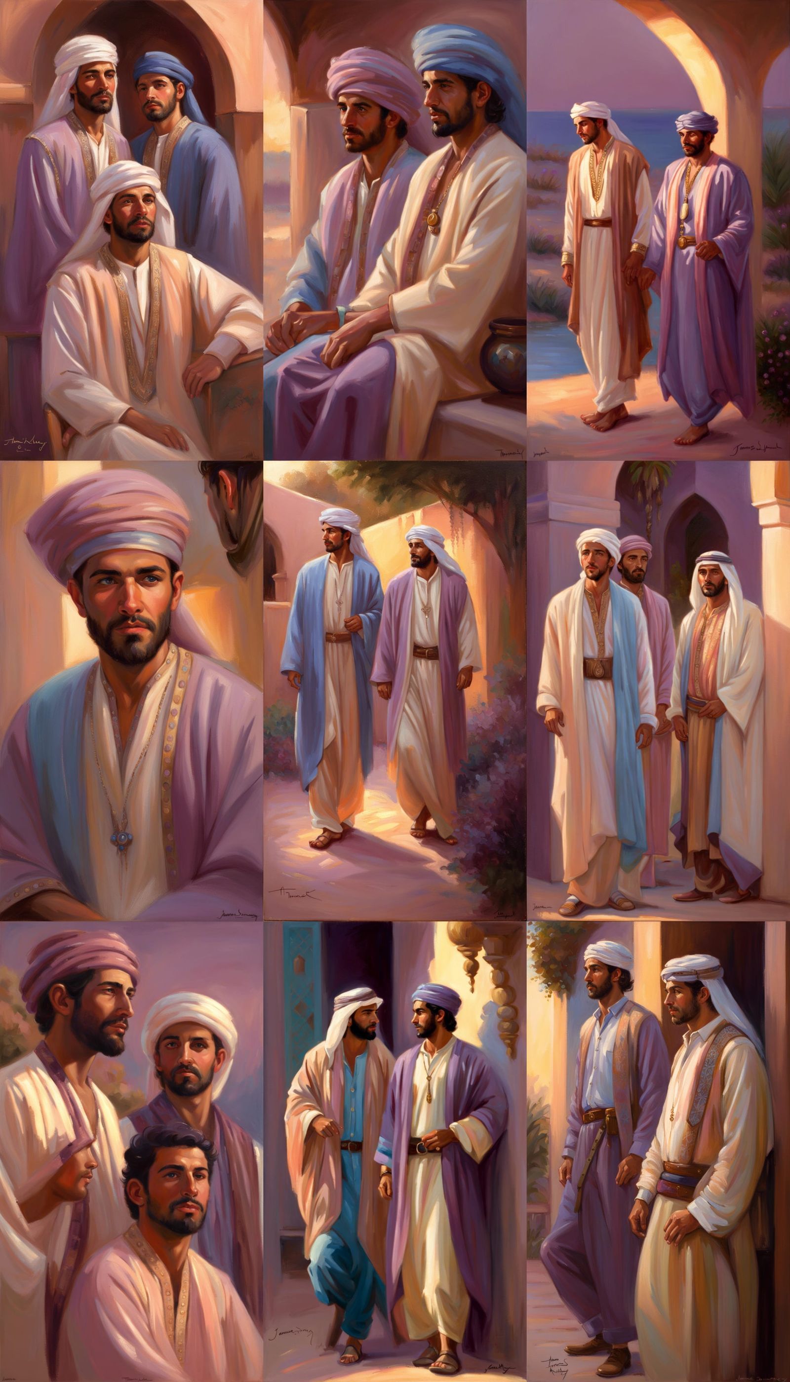 Handsome Arab Men in Traditional Attire in the colors of Mauve, Cream, Peach & Blue in the style of Thomas Kinkade in ea...
