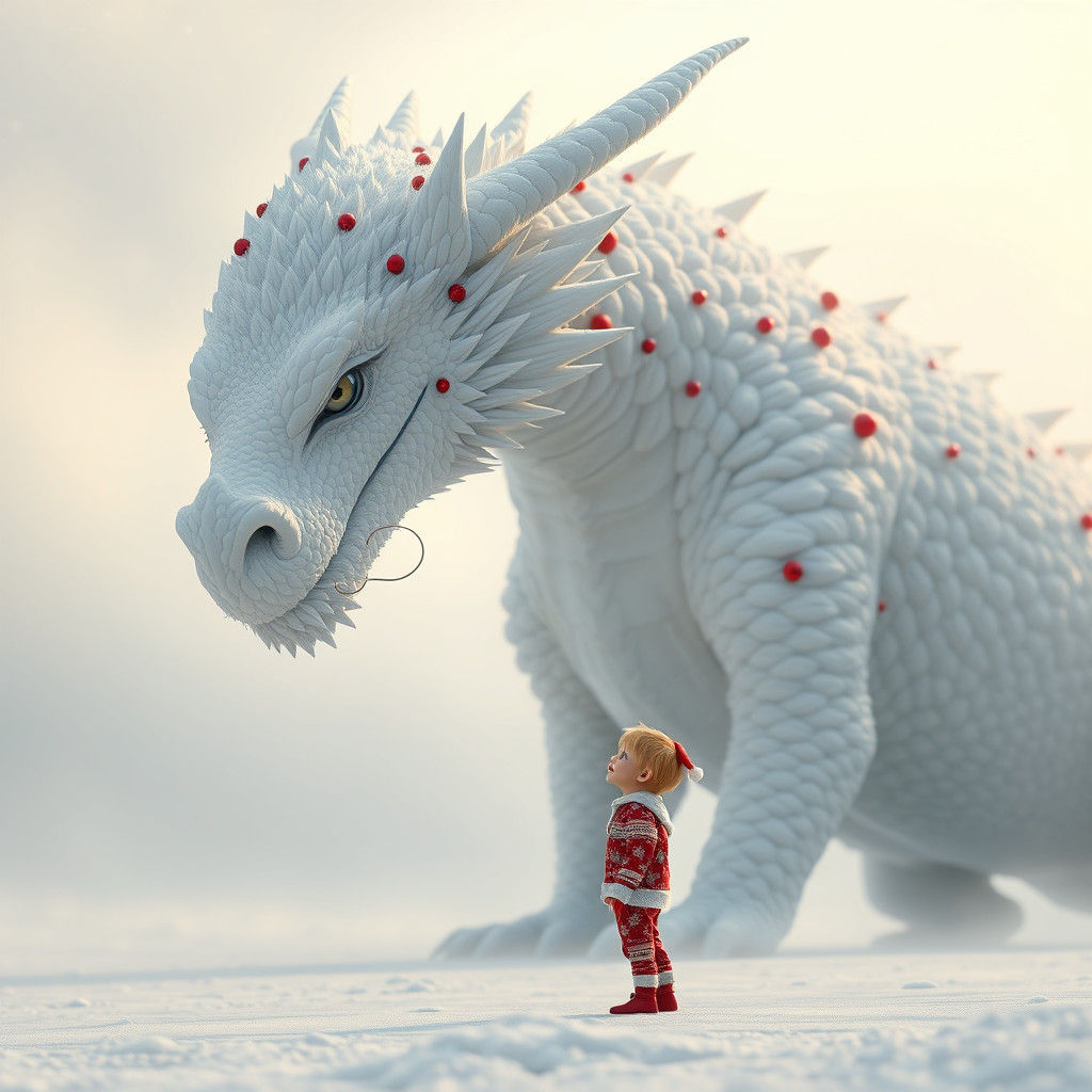 Boy and White Dragon in Dreamlike Christmas Scene