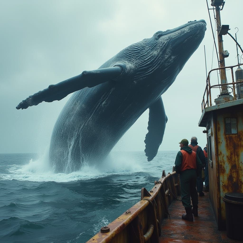 Humpback Whale Breaching Near Trawler, Hyper-Realistic Style