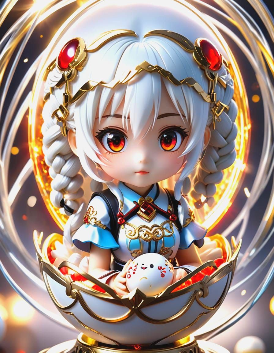 Chibi little sdfsdfsd anime girl white hair twin braids red ...