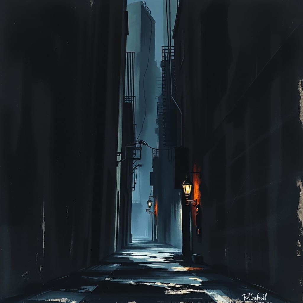 Dystopian City Alleyway in Moody Watercolor Style
