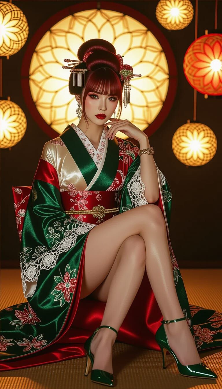 Geisha-Inspired Woman with Emerald Outfit and Mandalas