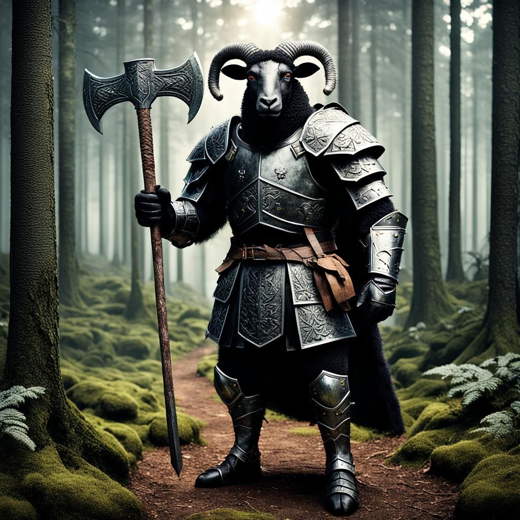 Black Sheep Knight in Mystical Forest: Hyperrealistic Art