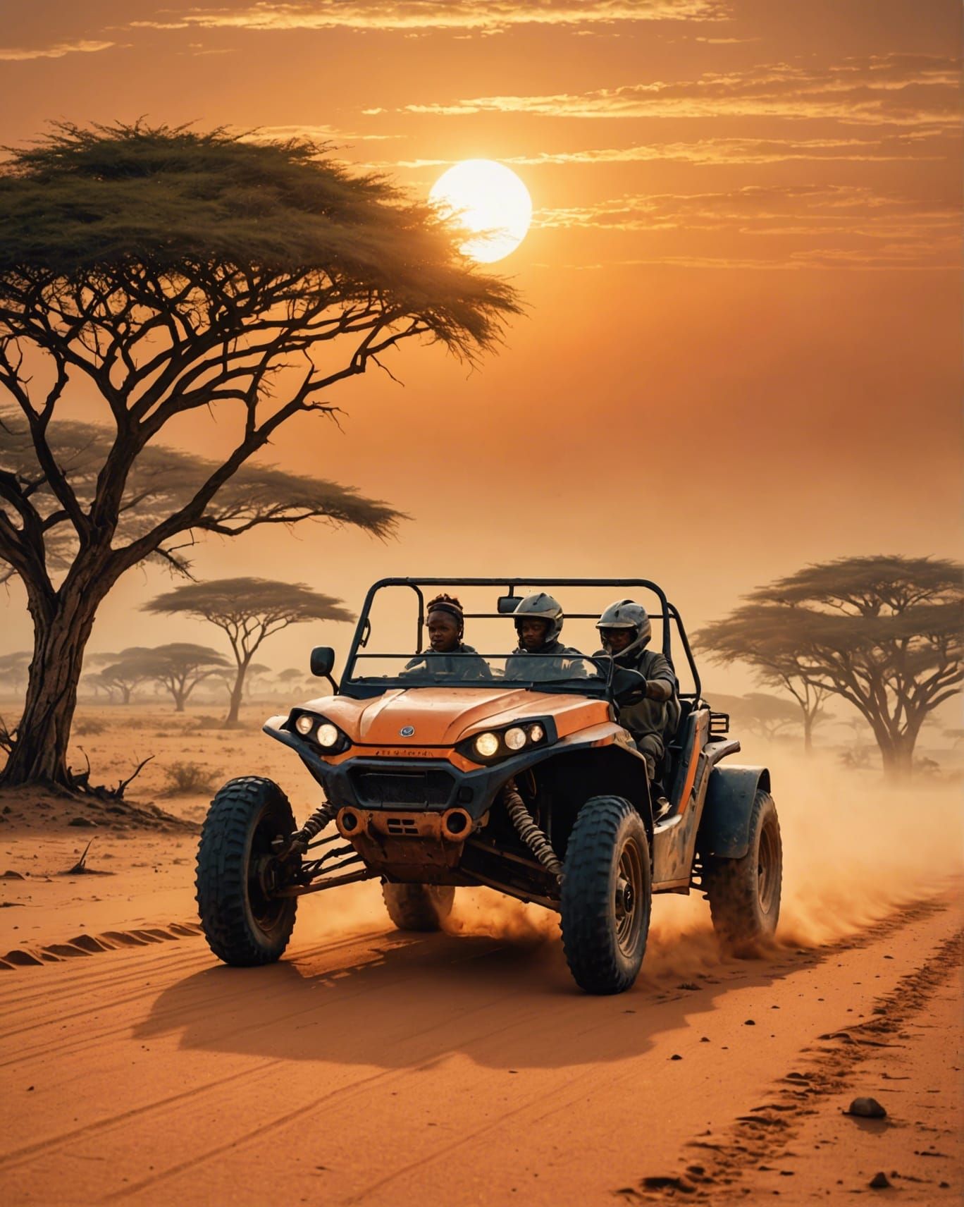 African Sunrise: Woman in Orange Buggy, Watercolor Style