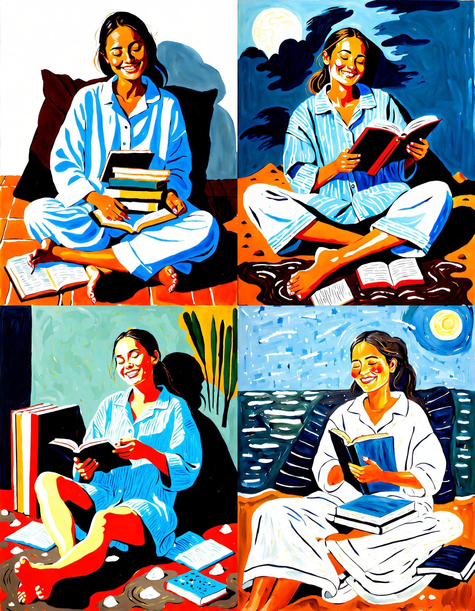 Cozy Night In: Woman Relaxing with Book, Acrylic Painting