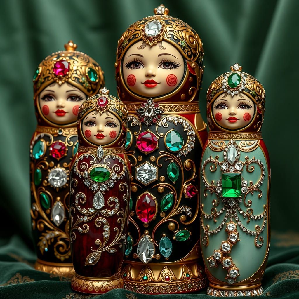 Luxurious Russian Dolls in Gemstones and Velvet, Maximalist....