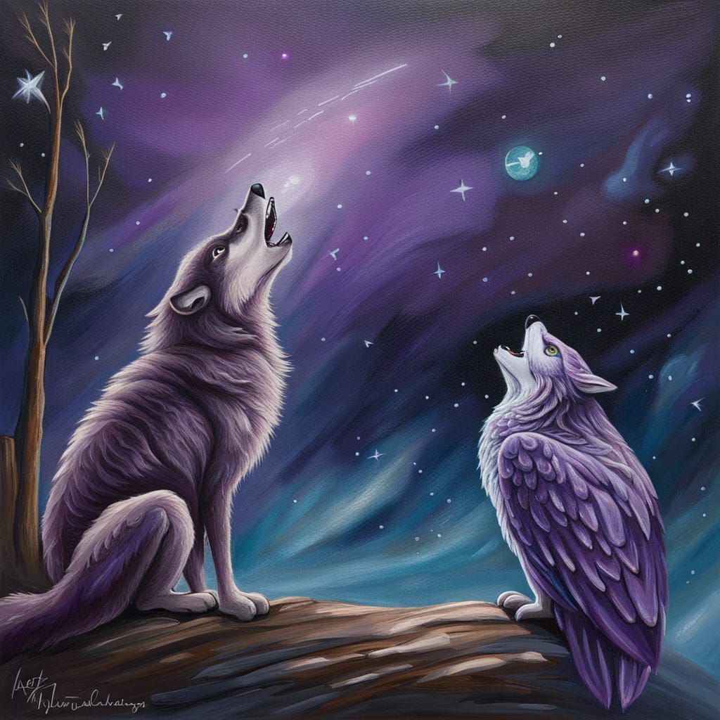 Purple Wolf and Owl Watching Meteor Shower
