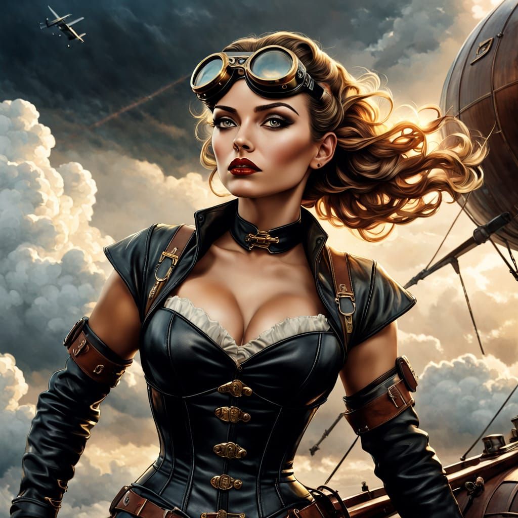 Dieselpunk pinup art. A beautiful, voluptuous pin-up girl wi...