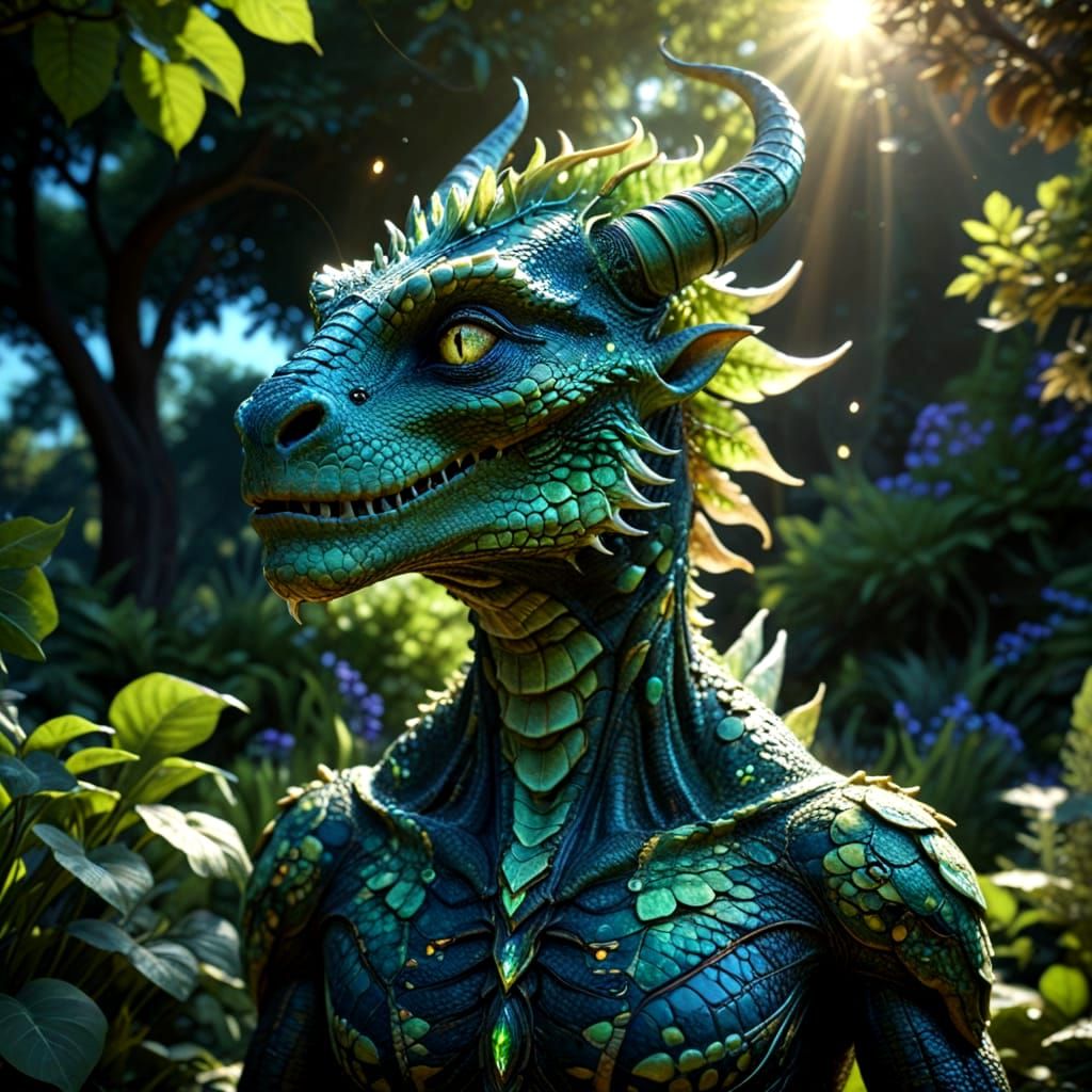 Fragile Reptilian Goddess in Lush Garden