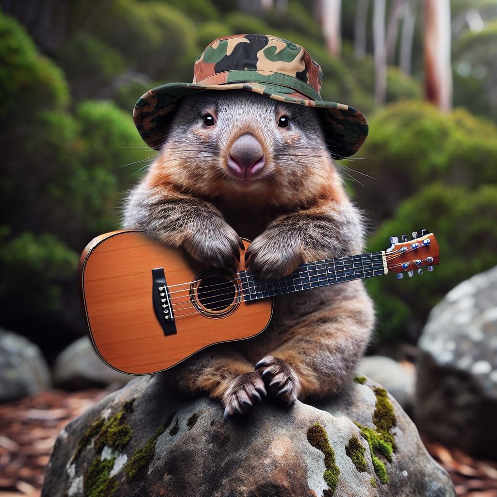 Wombat Plays Acoustic Guitar in Camouflage Style