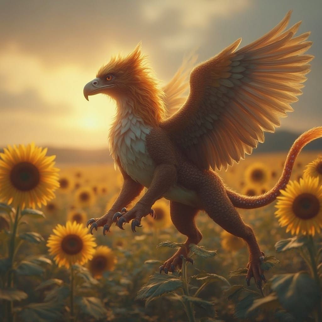 Fiery Griffin Gryphon Soaring Over Sunflowers