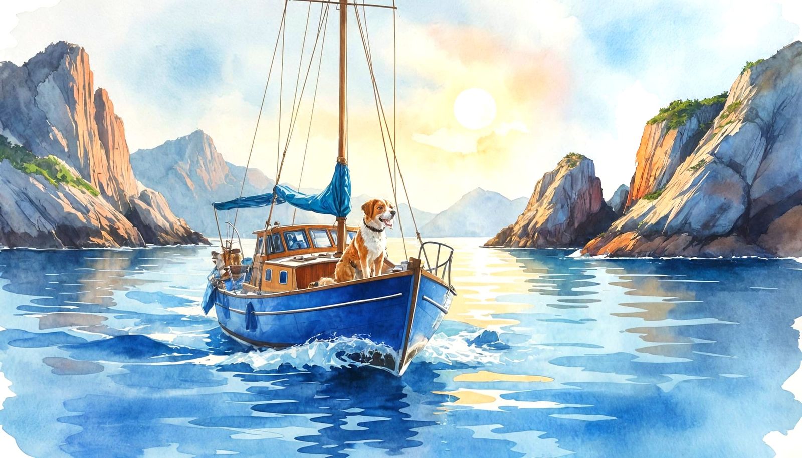 Dog Sailing on Blue Boat Towards Rocky Outcrops