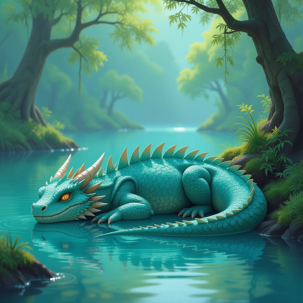 Sleeping Azure Water Dragon in Gurney-esque Lake