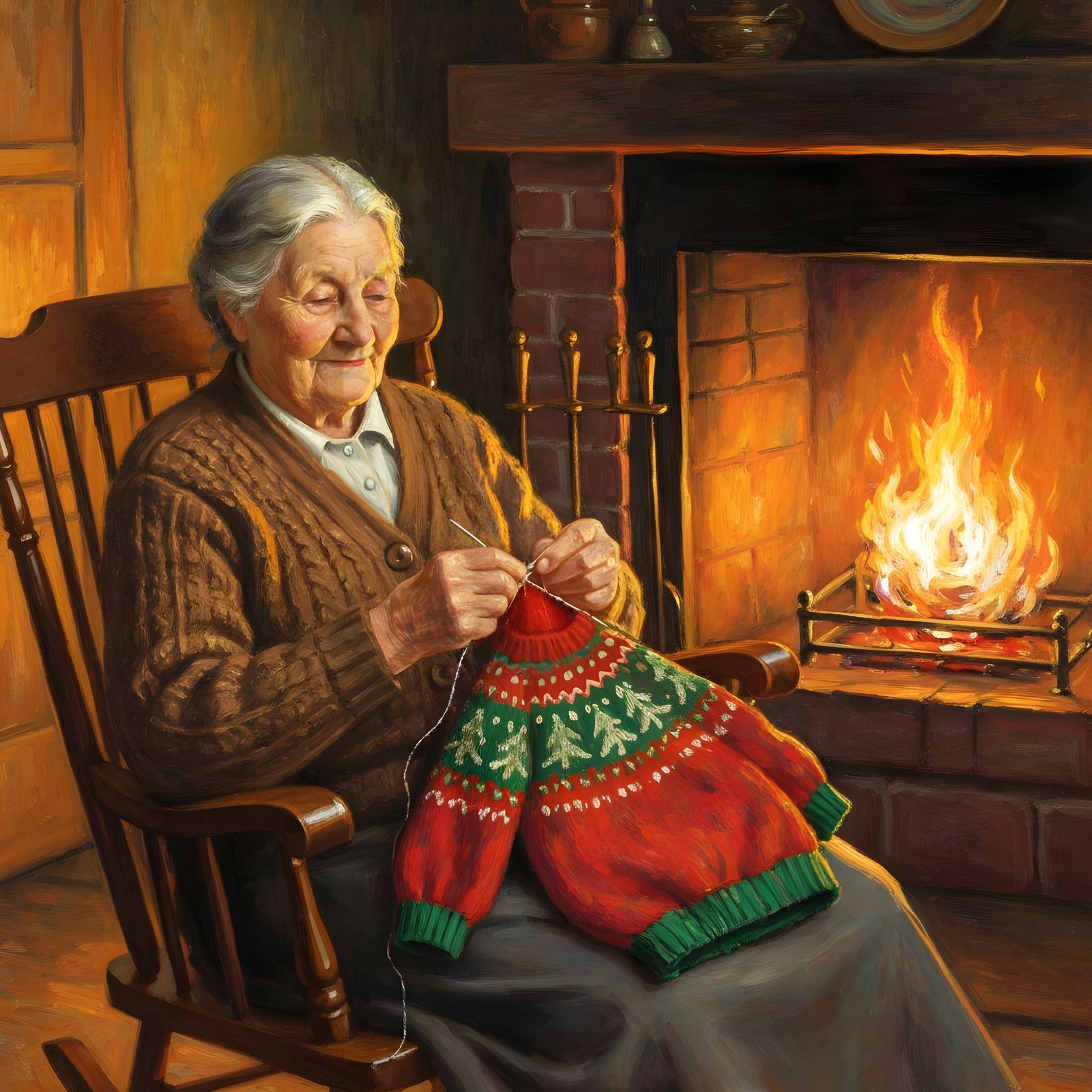 Monet Style Painting Of Grandma Knitting Christmas Sweater