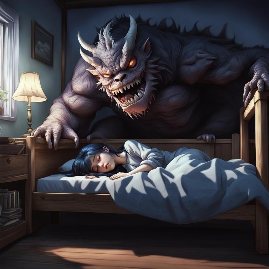 Sleeping Girl with Monster: 3D Anime Art
