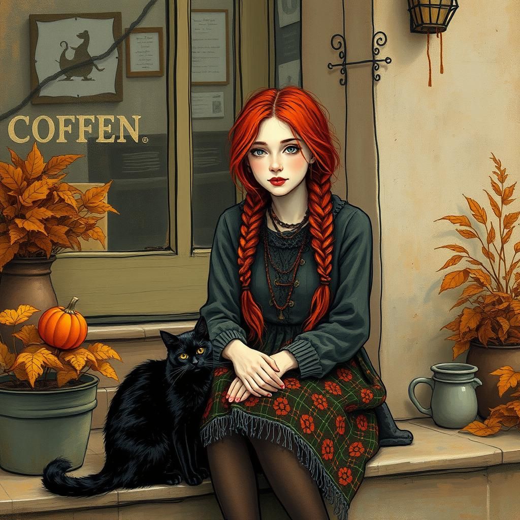 Bohemian Girl with Cat: Art Brut Autumn Scene