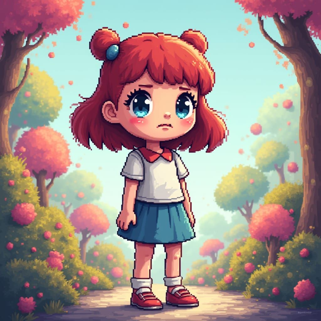 8-Bit Inspired Girl Stands in Vibrant Pixelated World