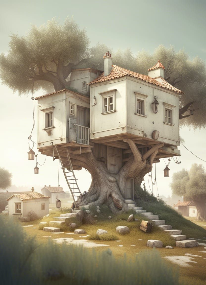Surreal Olive Tree Village House in Warm Light
