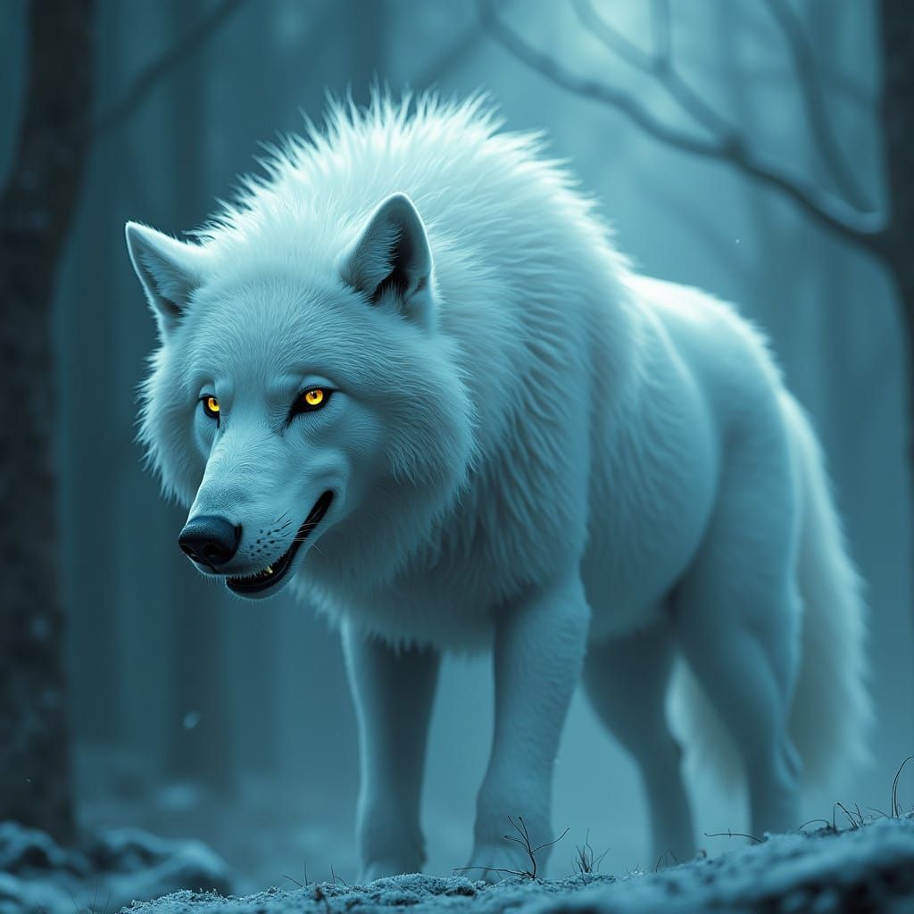 Majestic Ghost Direwolf in Mystical Westeros Landscape