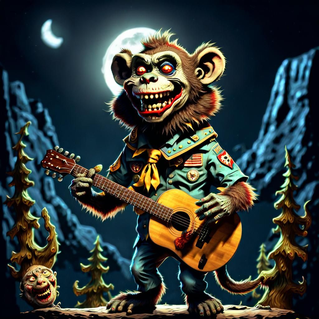 Zombie Monkey Clown Bear Hybrid Sings in Moonlight