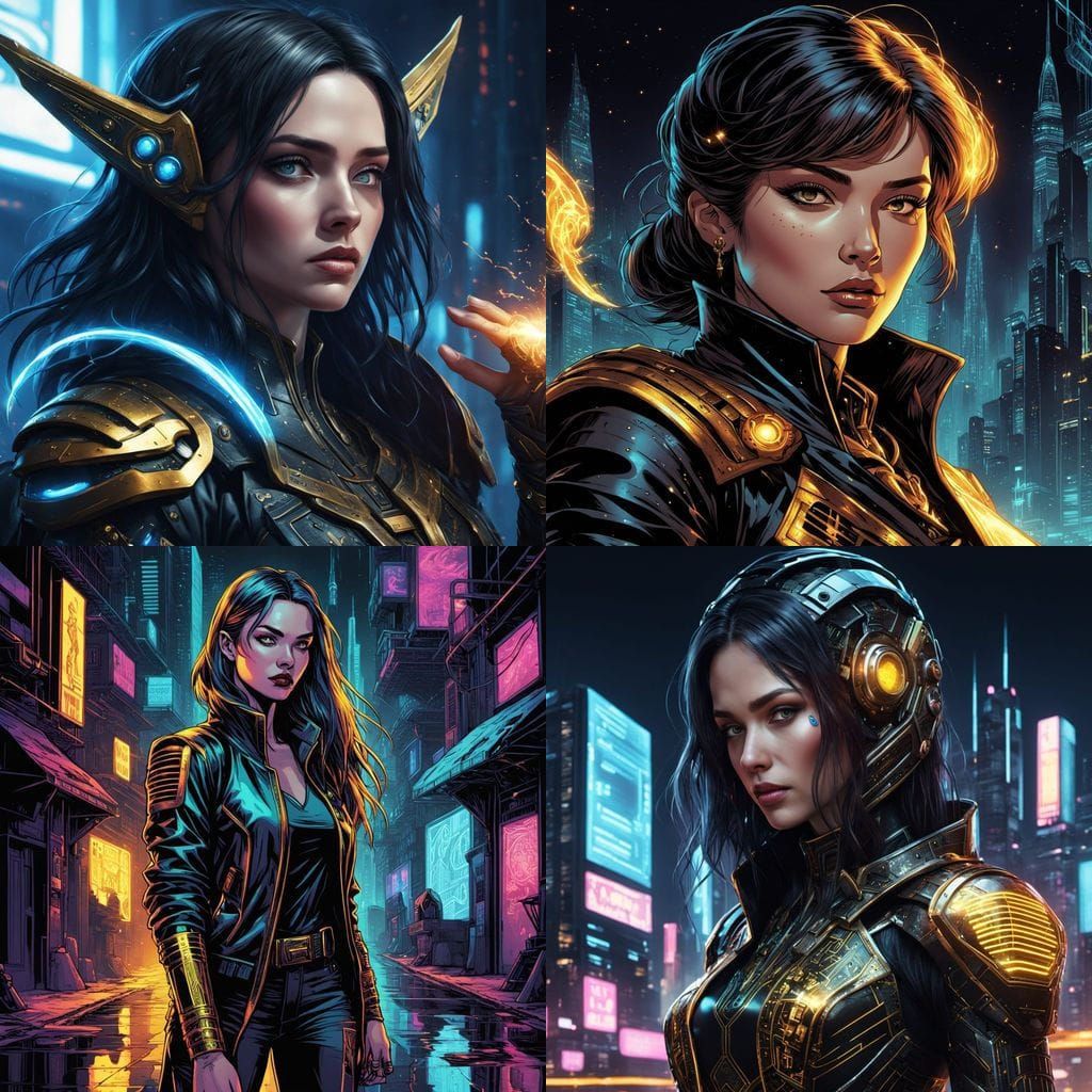 Cyberpunk Sorceress in Black and Gold Regalia