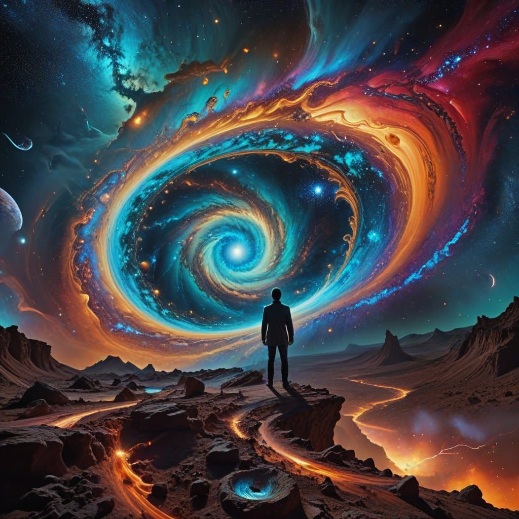 Cosmic Surrealist Figure Stands at the Edge of a Swirling Vo...