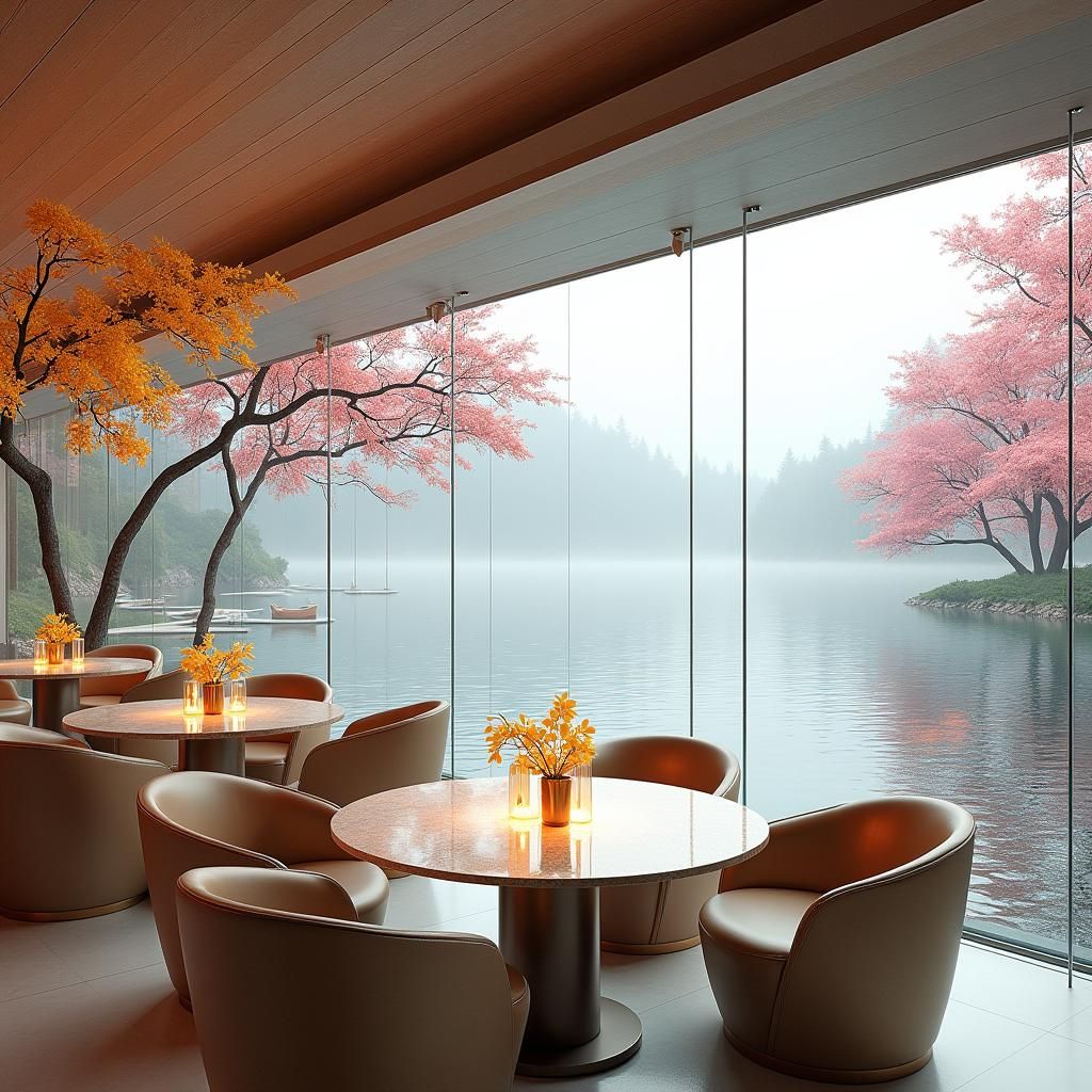 Futuristic Lakeside Restaurant with Golden Orchids