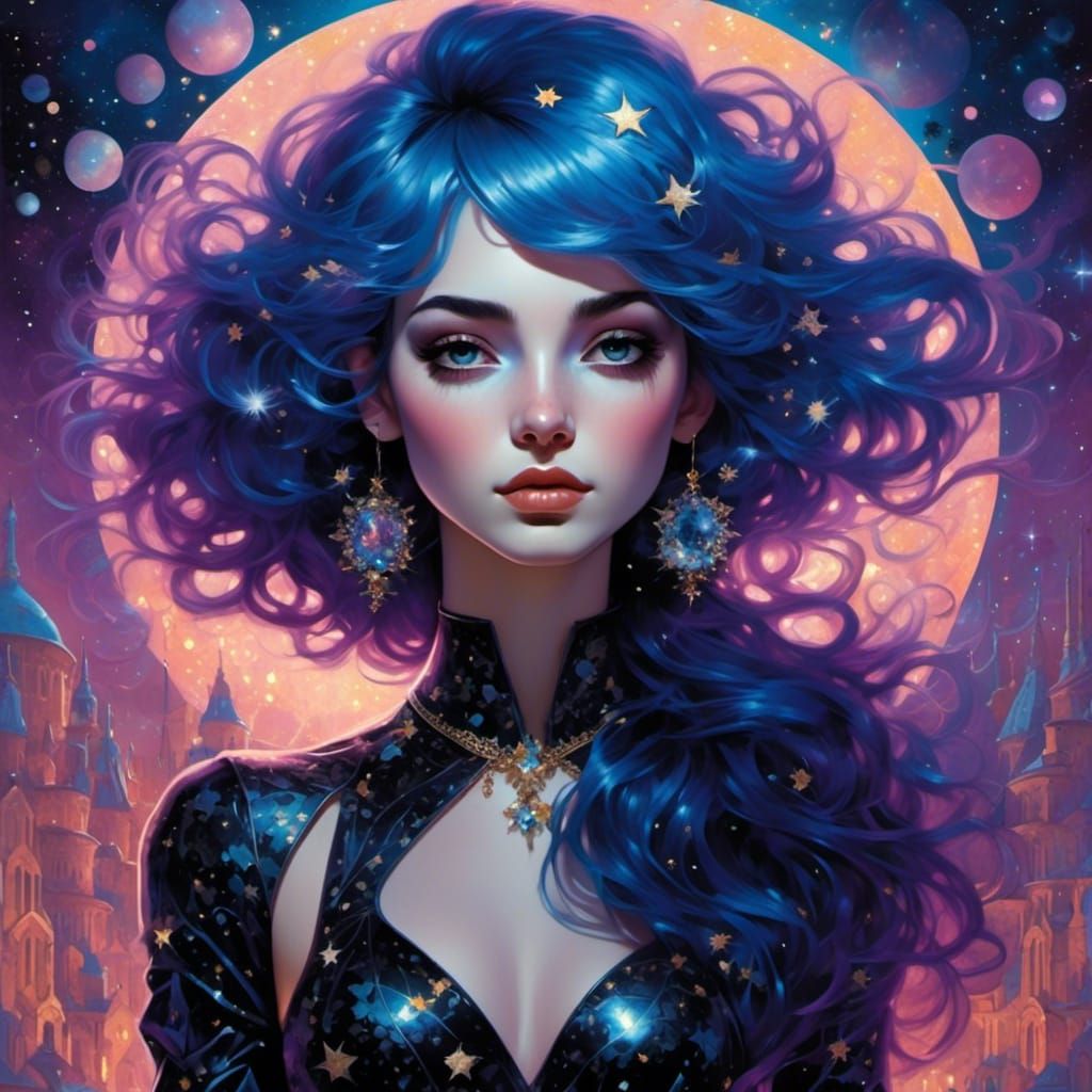 Metallic Woman in Dreamscape with Pastel Stars