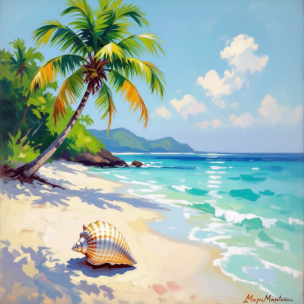 Impressionist Seashell on Beach with Coconut Tree