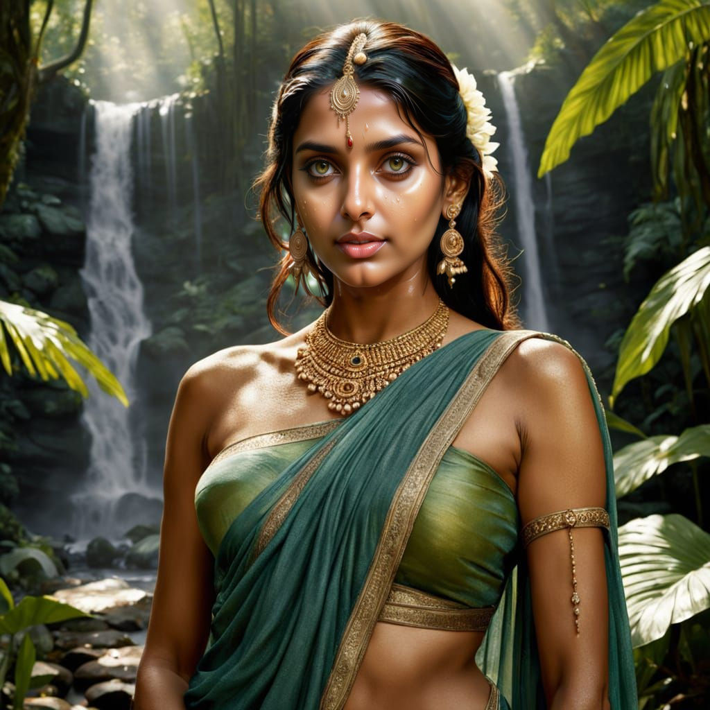 Hyperrealistic Indian Woman in Tropical Rainforest Portrait