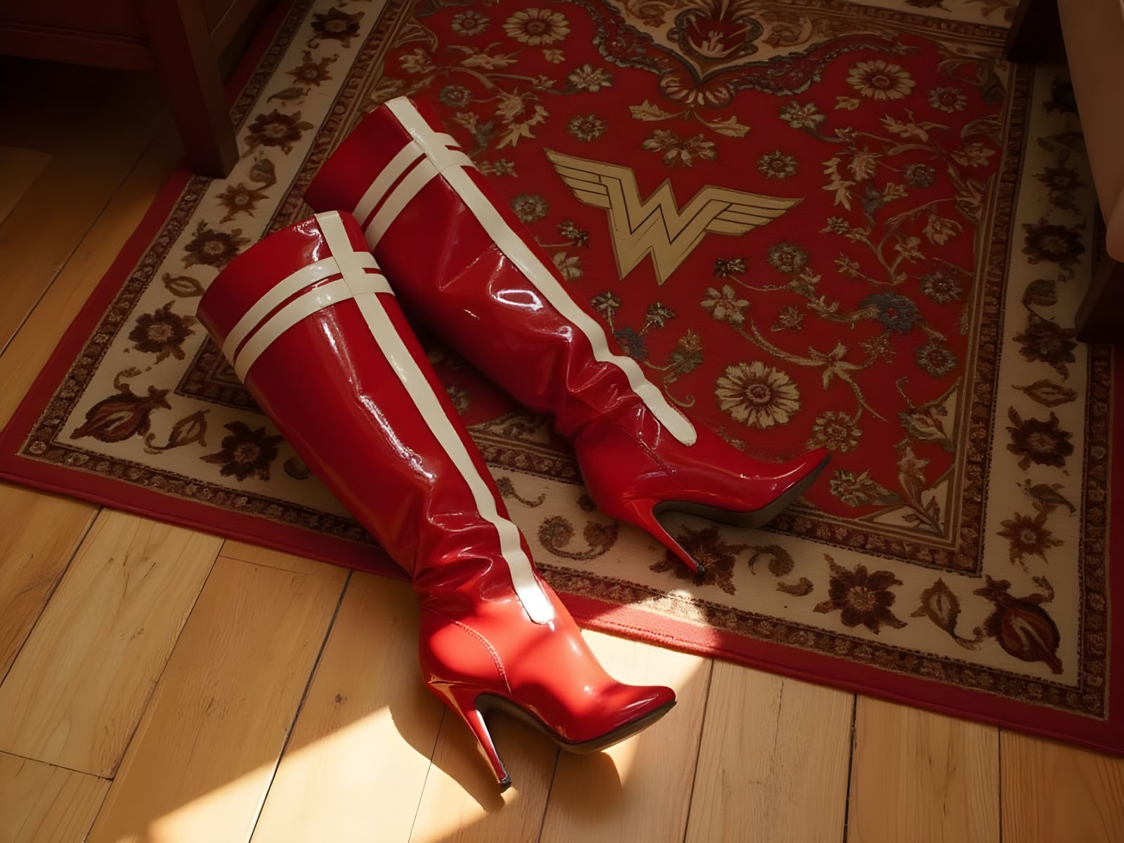 Red Over-the-Knee Boots on Patterned Rug