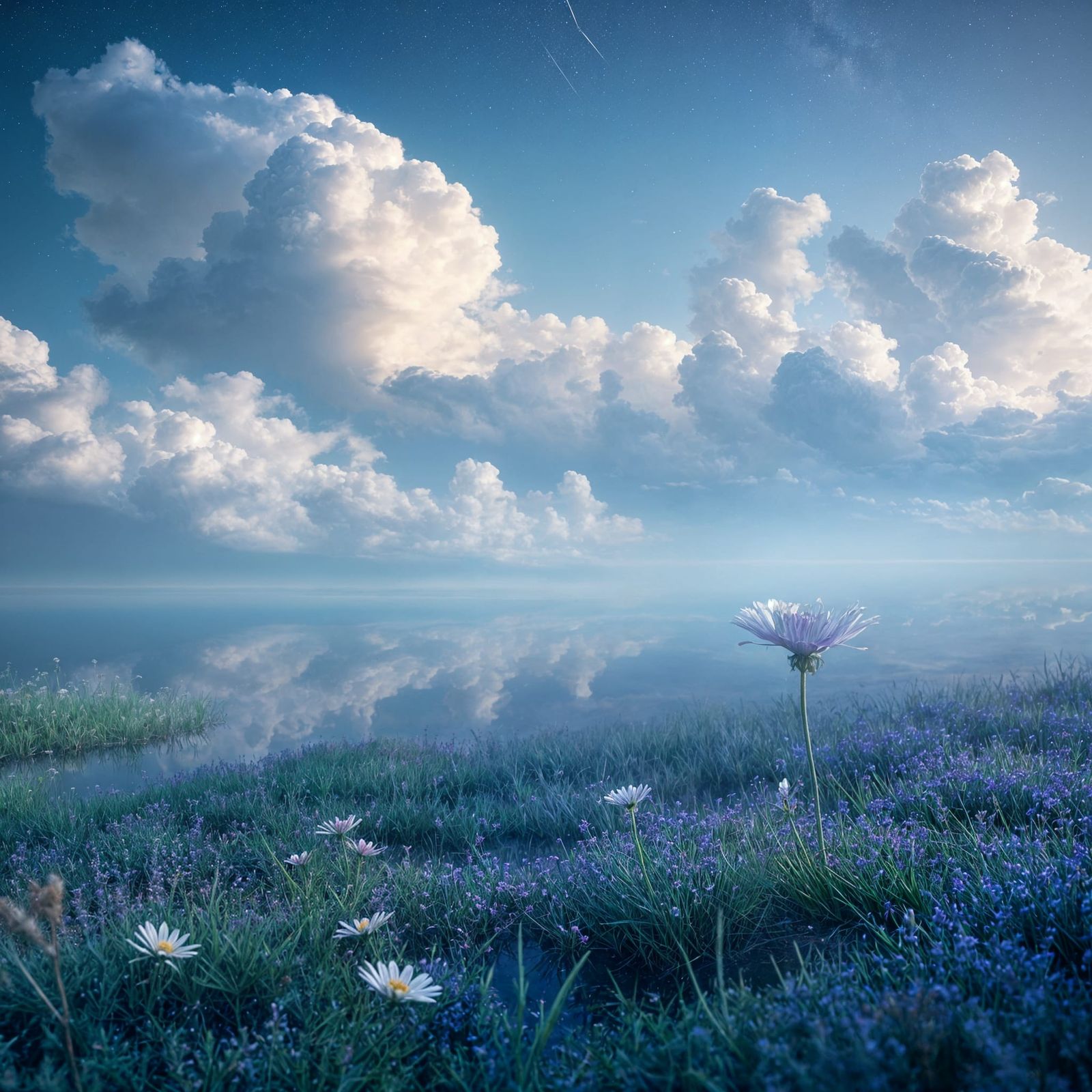 Ethereal Realm with Blue Magic Mist and Flowers