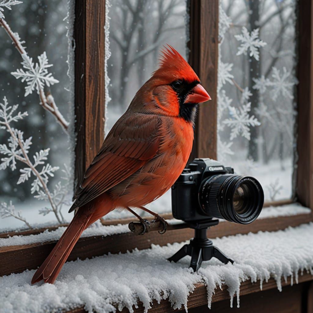 Vibrant Red Cardinal on Frosty Snowy Windowsill in Fine Art...