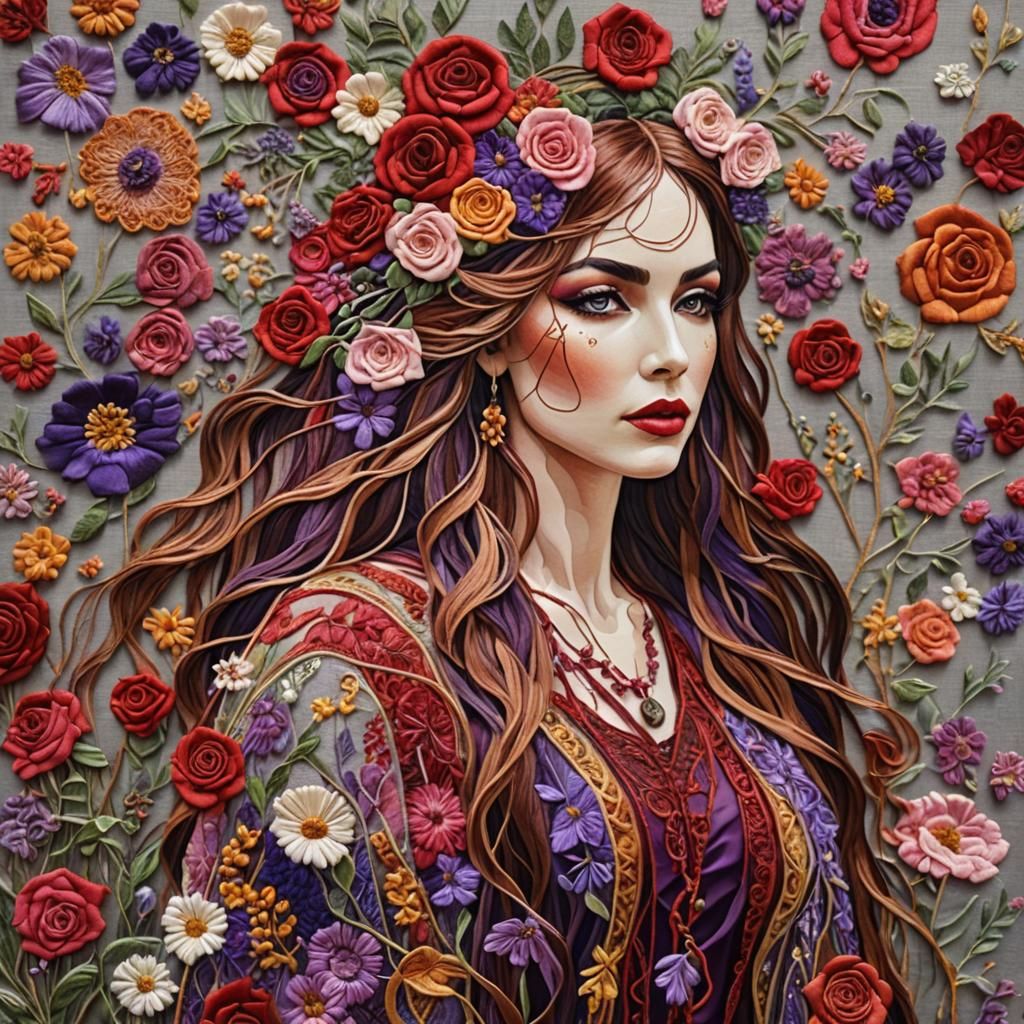 Bohemian Woven Tapestry Portrait with Silk Embroidery