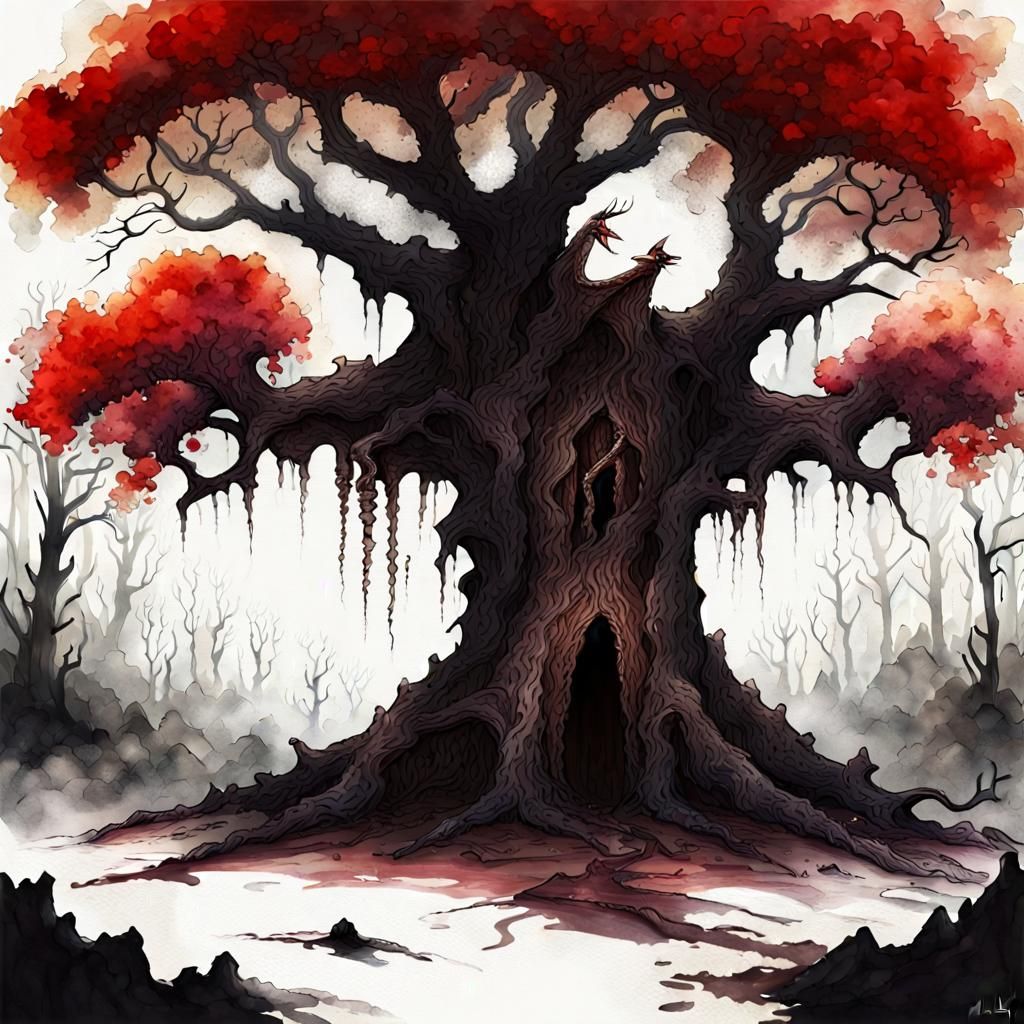 Creepy Tree with Crimson Leaves in Watercolor Style