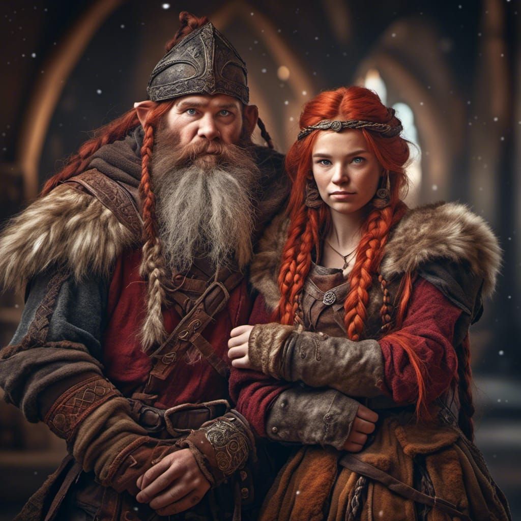 Hyperrealistic Dwarf Couple in Medieval Hall