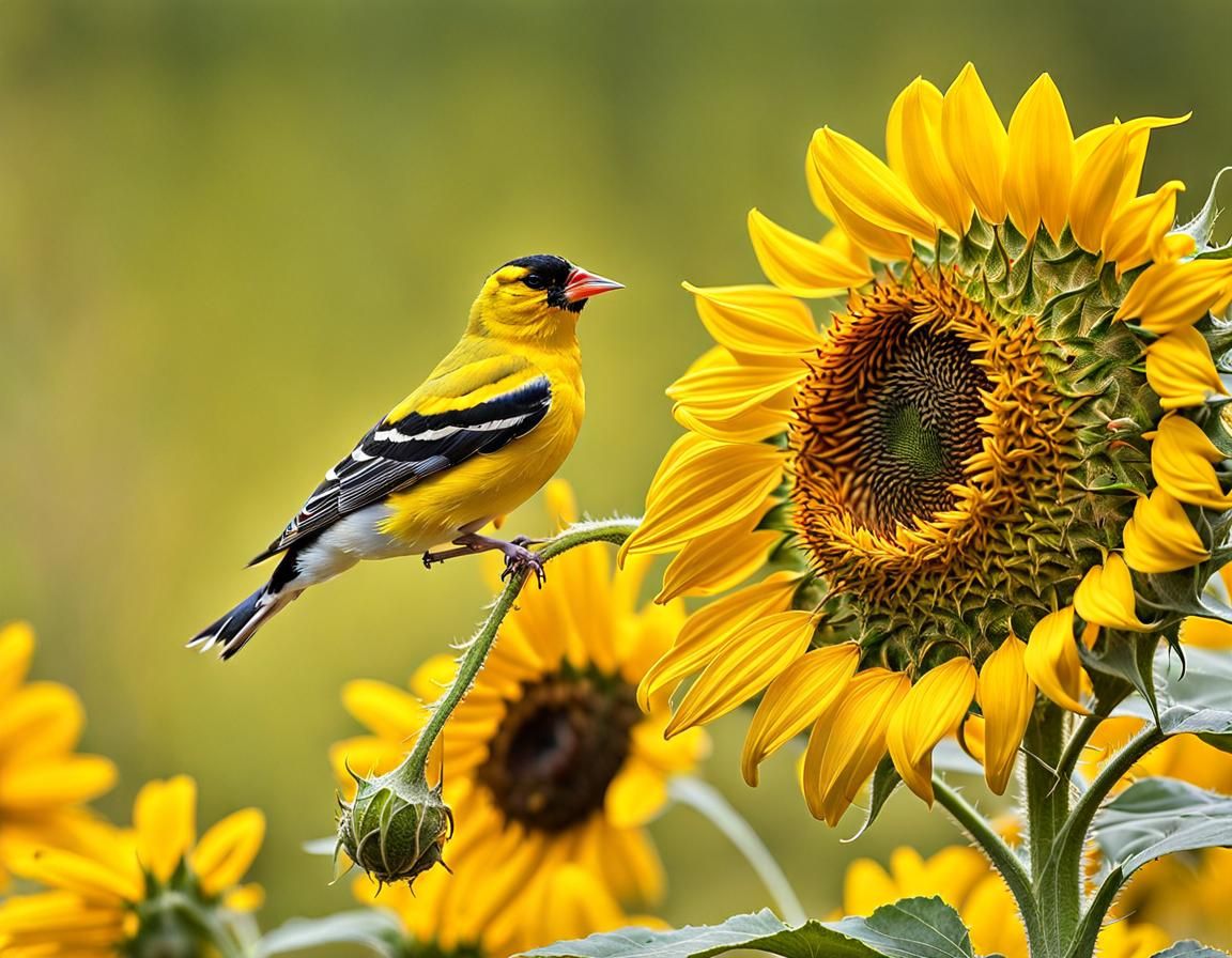 Goldfinch and Sunflower: Hyperrealistic Ecological Garden Ar...