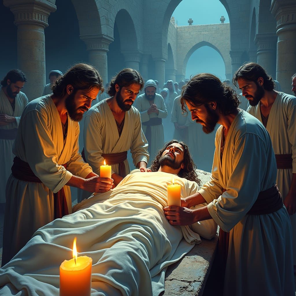 Servants Wrapping Body in Linen, Comic Book Style