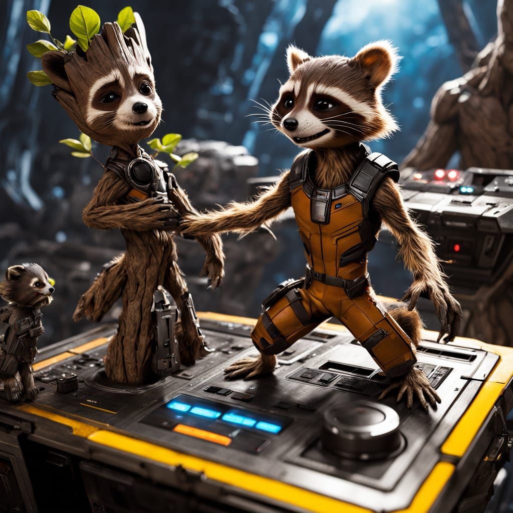 Groot and Rocket Raccoon in a High-Octane Spaceport Showdown