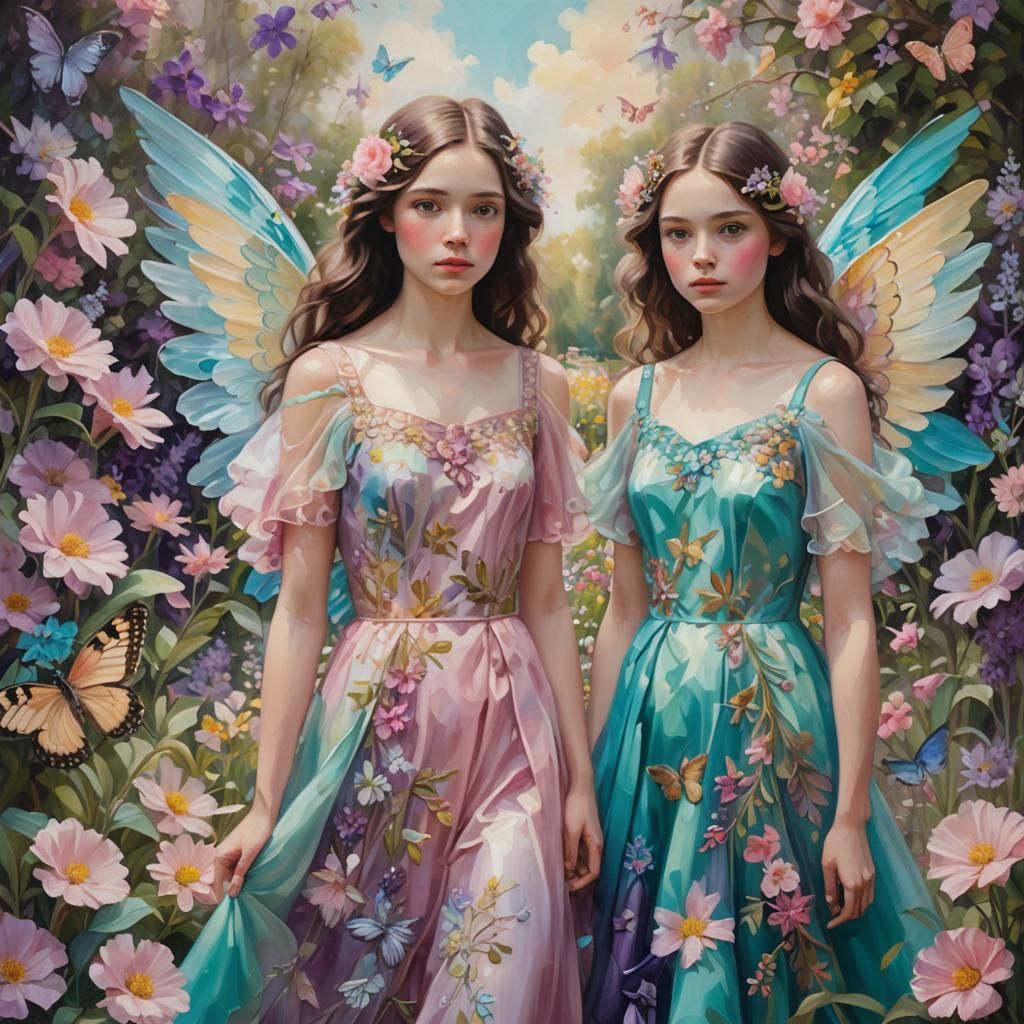 Twin Sisters with Wings in Flower Garden