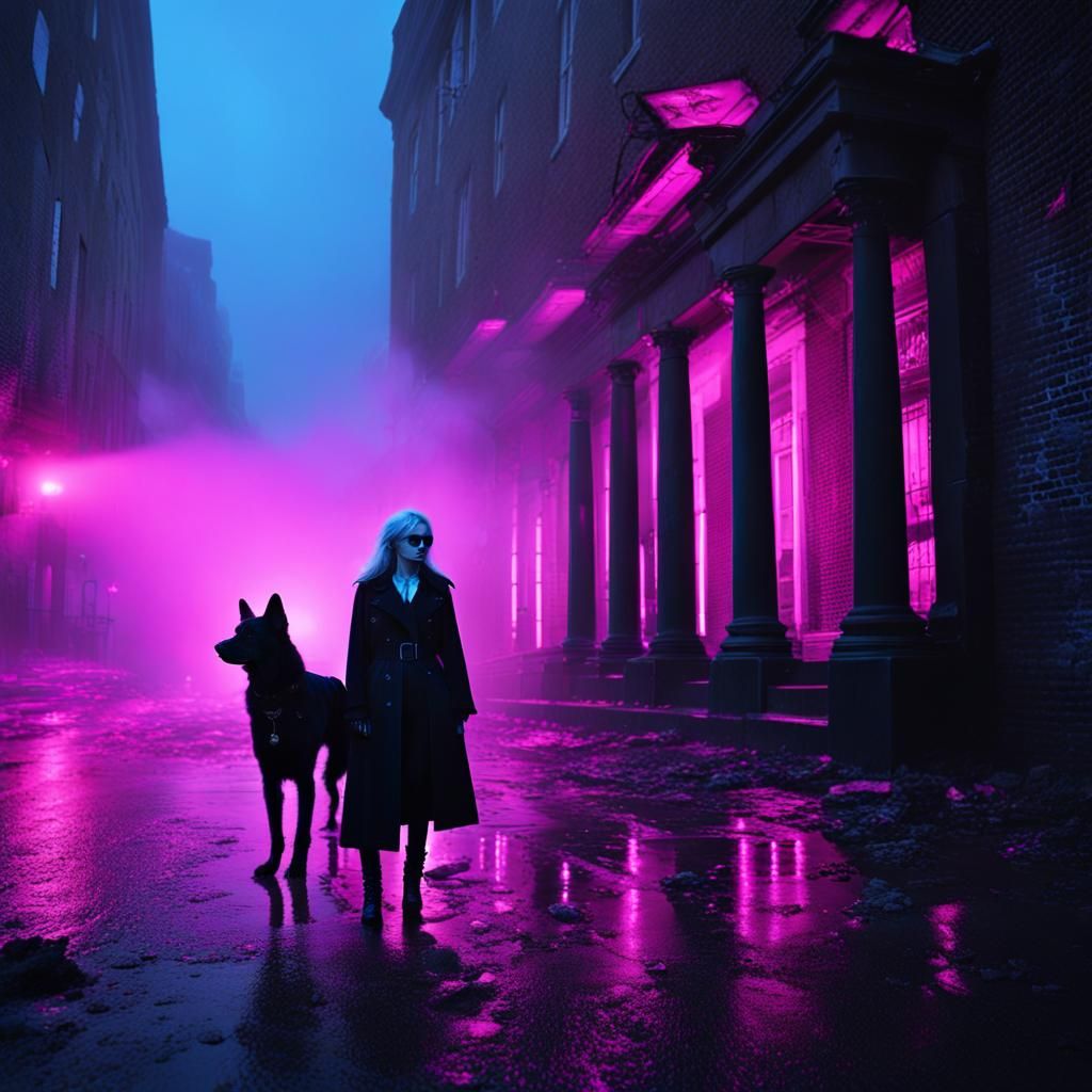 Gothic Model in Noir Coffee Shop with Neon Lights