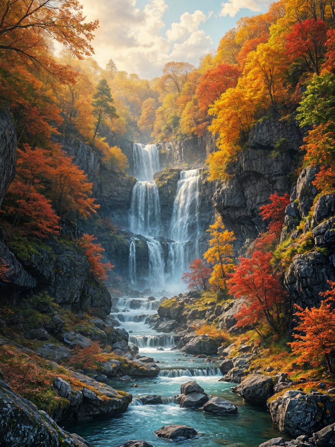 Fantasy Autumn Waterfalls in a Hyperdetailed Masterpiece